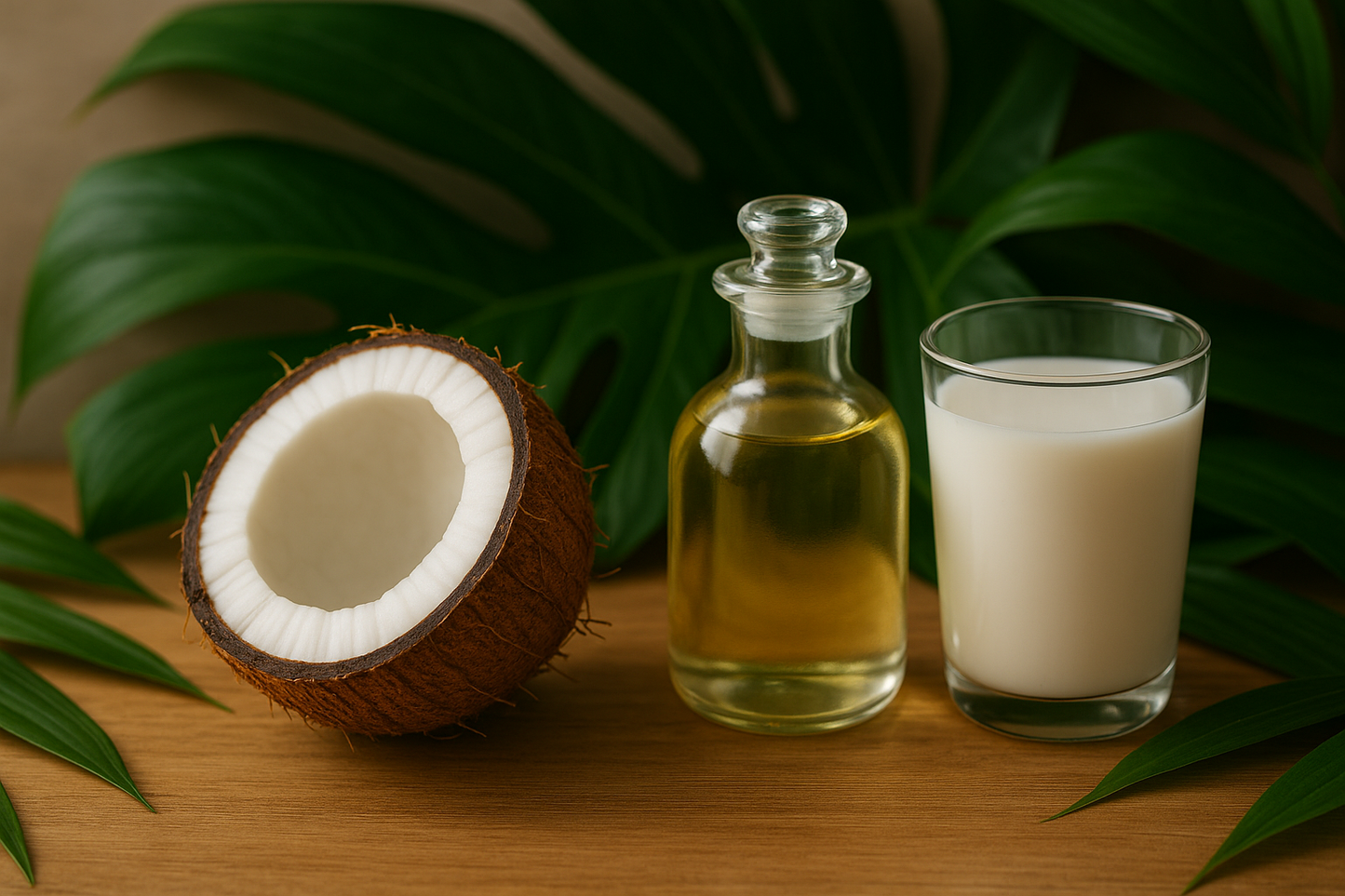Opened coconut with oil, milk and green leaves