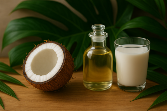 Opened coconut with oil, milk and green leaves
